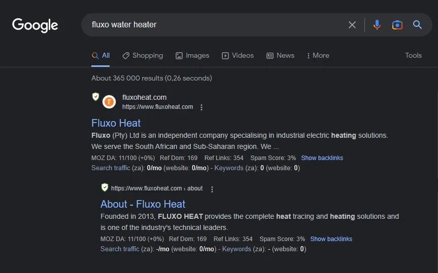 Google search result of "fluxo water heater"